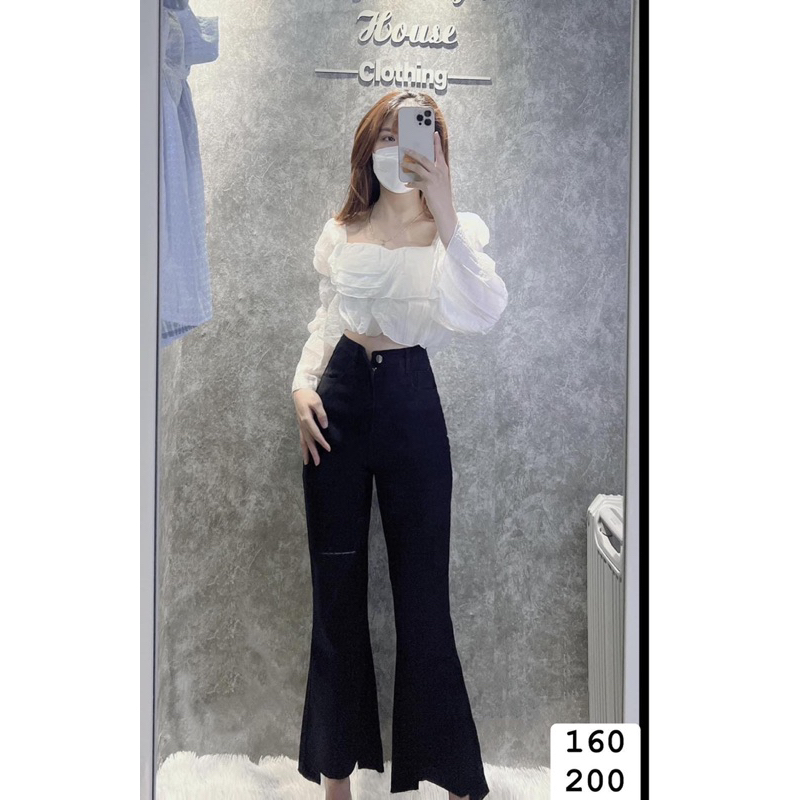 Set jeans loe đen rách gấu 1line + áo cổ vuông bèo tầng