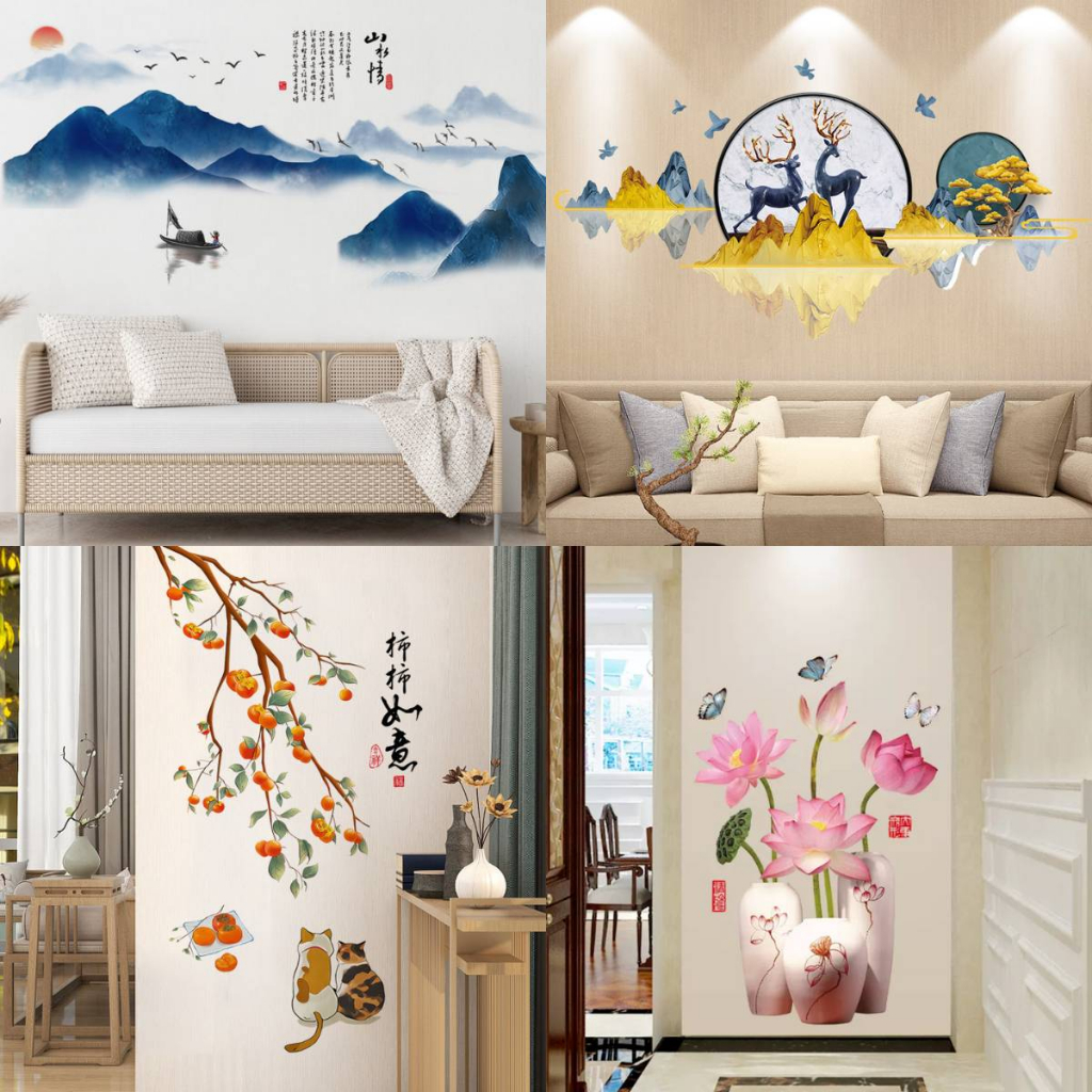 Decal dán tường Tabii hình dán hoa sen sơn thủy trang trí phòng khách, phòng ngủ, phòng thờ, nhà hàng, quán cafe