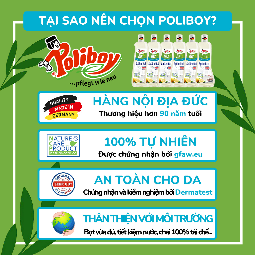 Nước Rửa Bát Hữu Cơ POLIBOY An Toàn Cho Bé, Bảo Vệ Da Tay 500ml Hoàn Toàn Tự Nhiên