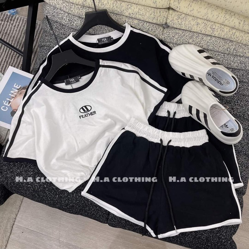 Set Đồ Bộ Nữ Đùi Croptop Feather Crt hot trend 2 màu đen trắng đẹp