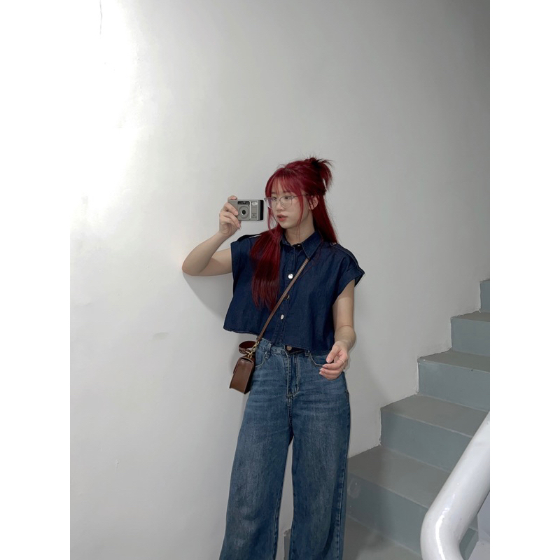 Áo denim tay hến form croptop Bazic onee