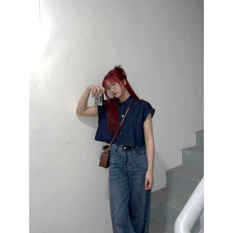 Áo denim tay hến form croptop Bazic onee