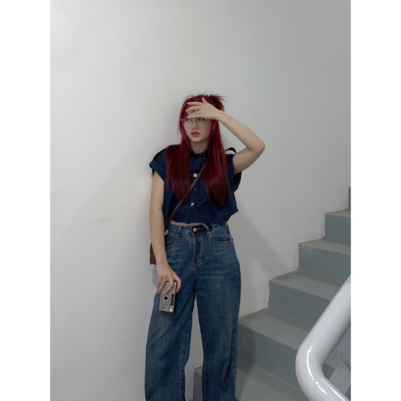 Áo denim tay hến form croptop Bazic onee