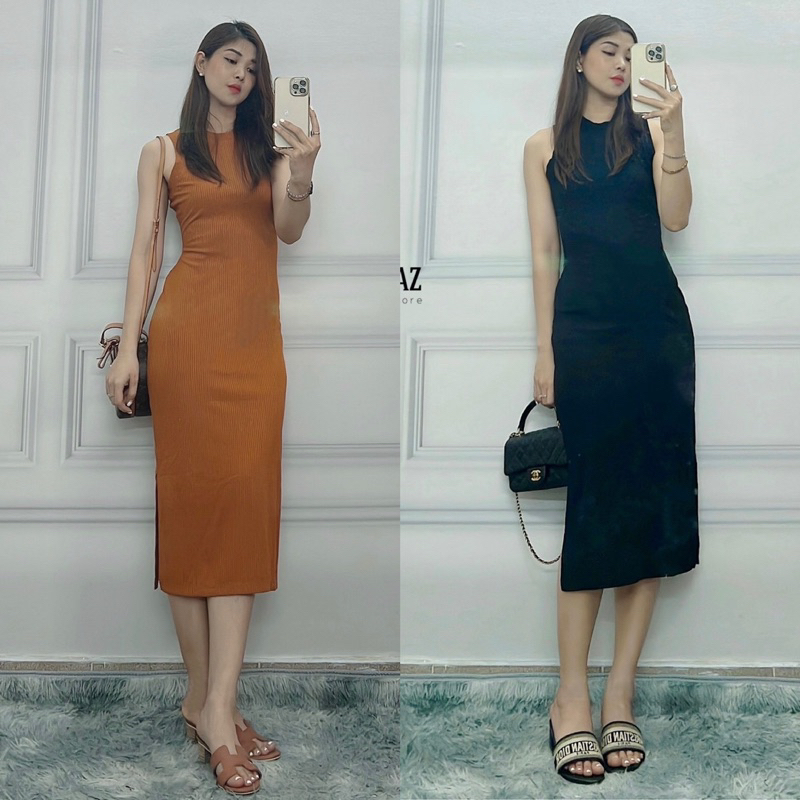 Đầm midi thun gân ôm body, xẻ tà tôn dáng
