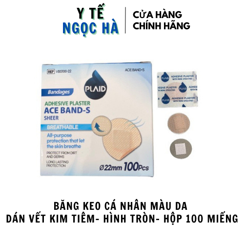 Băng keo cá nhân dán vết kim tiêm Ace Band-S , Băng cá nhân thẩm mỹ hình tròn, thoáng khí, 100 miếng/hộp