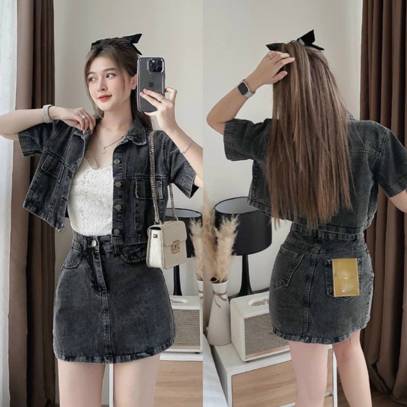 (SHOP NÀNG BÉO BIGSIZE 50KG ĐẾN 90KG ) set jean chân váy A