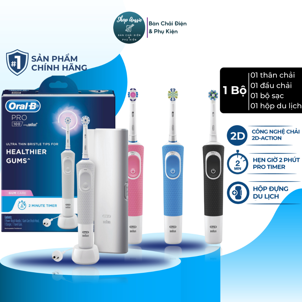 Bàn Chải Điện Oral-B Pro 100 + Travel Case - Hẹn Giờ 2-Phút, Tặng Hộp Đựng Du Lịch, Nhiều Loại Đầu, Nhiều Màu Sắc