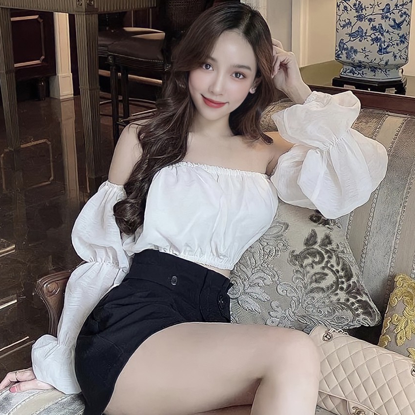 Áo trễ vai tay bồng co giãn 2 màu đen trắng chất liệu tơ xước hàn cho nữ, Áo trễ vai croptop bo chun hai lớp