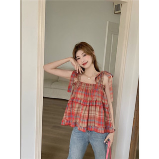 Áo hai dây kẻ đỏ viền bèo tầng buộc nơ siêu hot rẻ đẹp