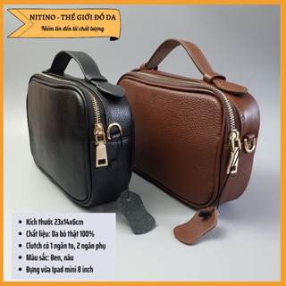 Clutch hộp handmade, túi cầm tay kết hợp đeo chéo da bò thật nam nữ cao cấp, đựng vừa ipad mini 8 inch CL09