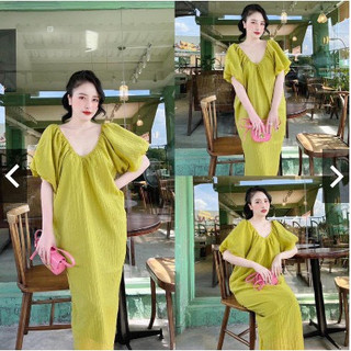 Đầm maxi đũi hai lớp cổ tim tay bồng- váy maxi đi biển form rộng bầu bí bon chen xinh