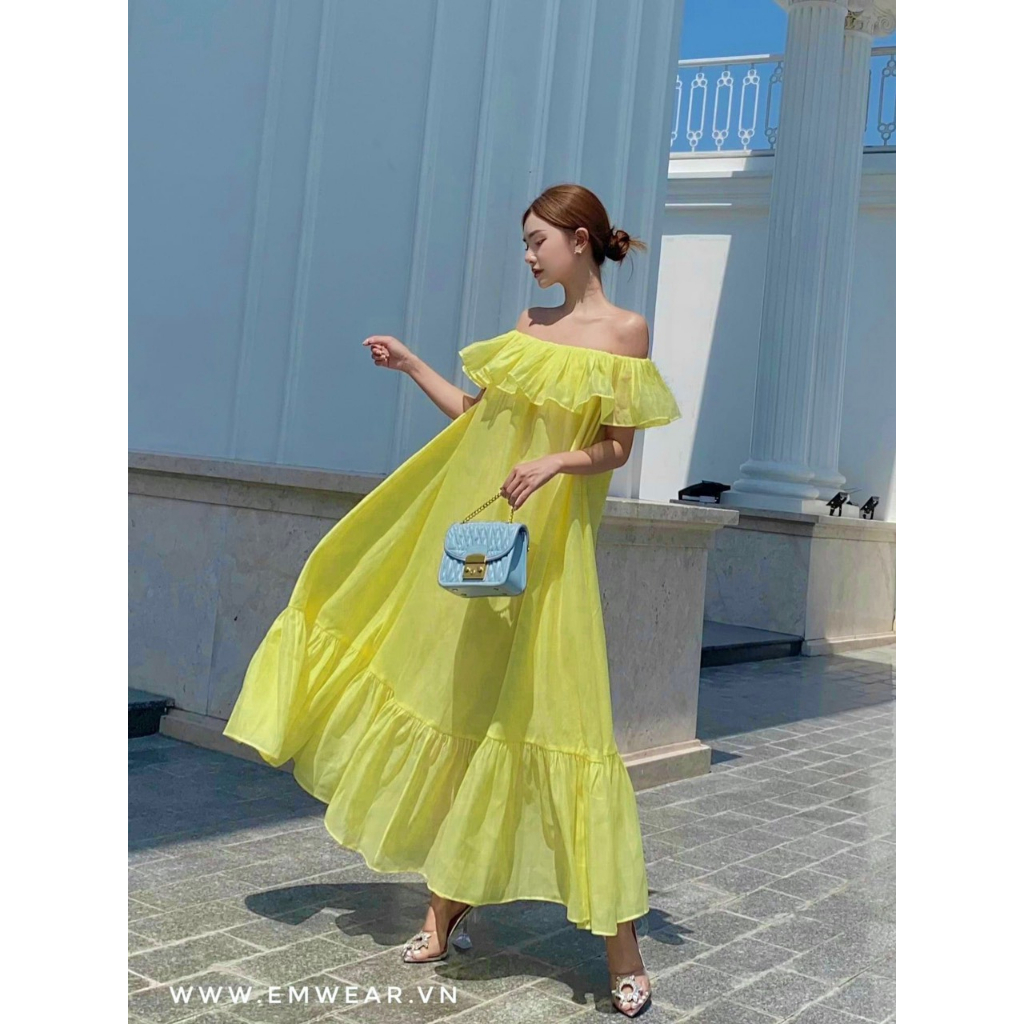 Đầm maxi trễ vai voan tơ dáng rộng đuôi cá sang chảnh - Váy trễ vai đi biển màu vàng dạo phố xinh xắn