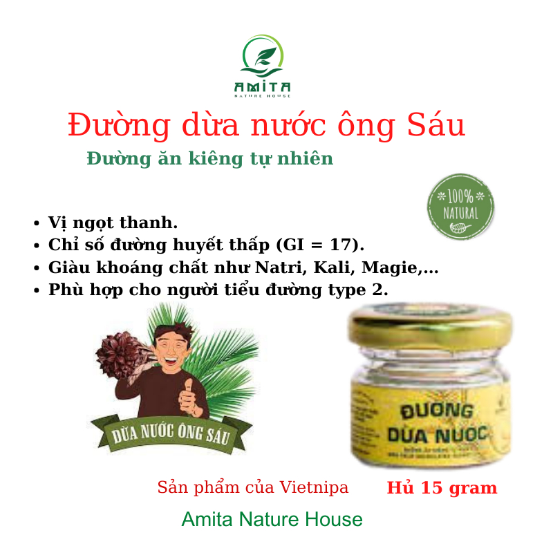 Đường dừa nước ông Sáu,organic,cho người ăn kiêng,keto,eatclean,tiểu đường type 2,15gr,Amita Nature House