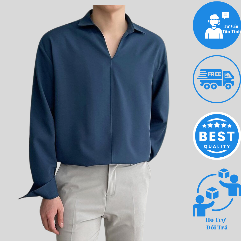 Áo sơ mi nam cổ V form rộng chất liệu lụa dày dặn không nút , Áo sơ mi cổ vest dài tay vải lụa chống nhăn JBAGGY | BigBuy360 - bigbuy360.vn