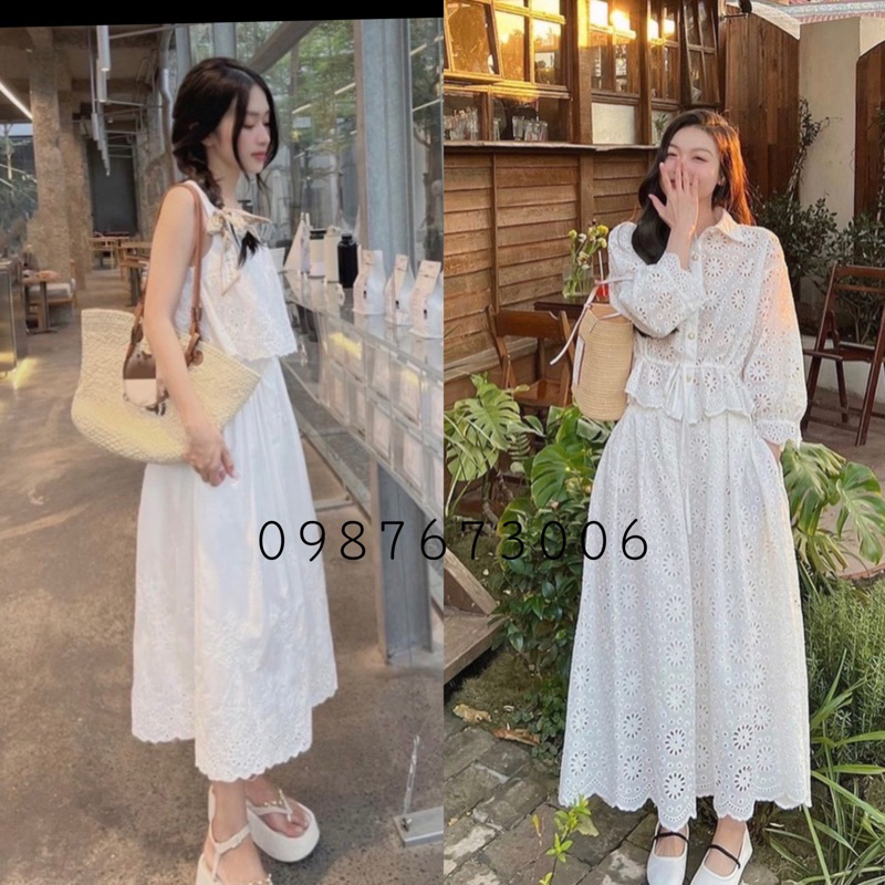 SET ÁO DOLL TRẮNG XÔ REN LỖ CHÂN VÁY MIDI
