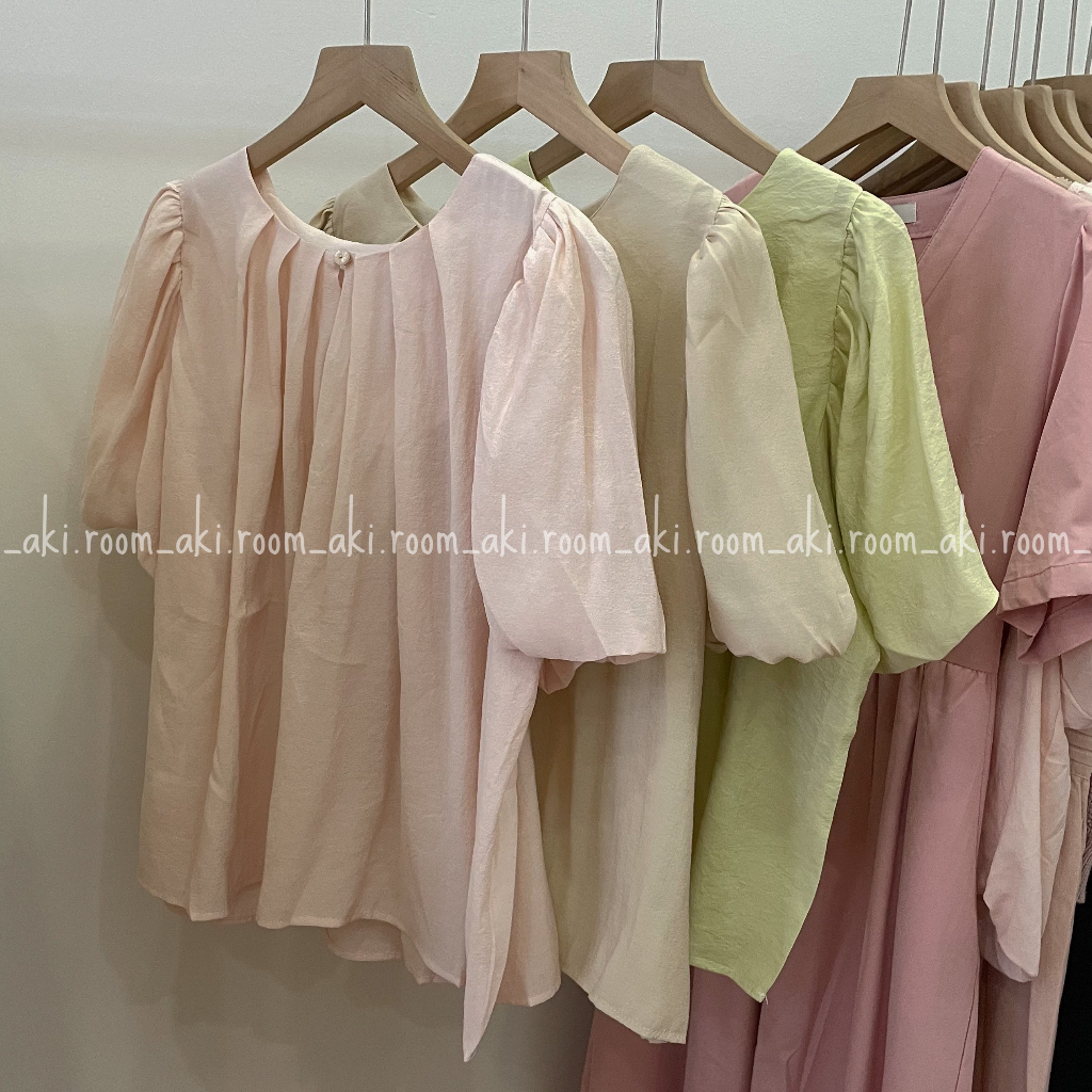 Áo đũi xốp cổ tròn tay bồng xếp li ngực cài cúc cổ trước 6013