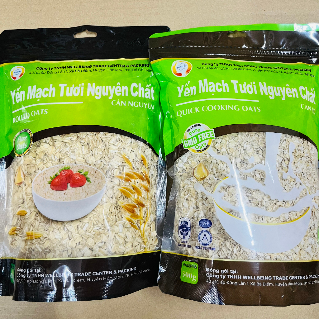Yến mạch tươi nguyên chất Úc cán dẹt/vỡ Wellbeing gói 500gr, ăn kiêng, giảm cân