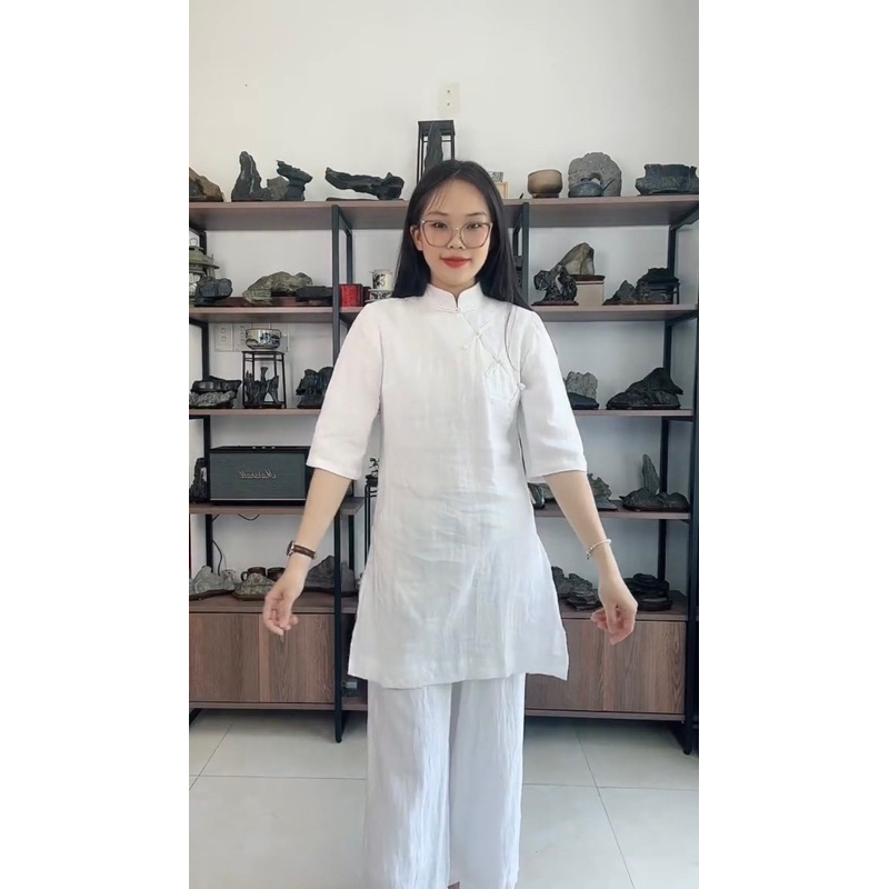 Trang phục đi chùa - Set cổ tàu dáng 3/4 linen premium màu trắng