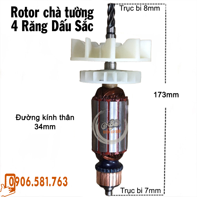 Rotor chà tường 4 Răng Dấu Sắc Thân 34mm Dài 173mm dây đồng 220V - Tặng chổi than