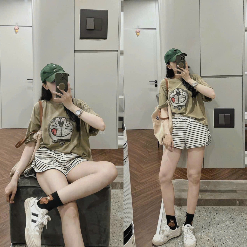 Set đồ nữ đi chơi mùa hè sang chảnh cá tính in doremon , đồ bộ nữ đồ mặc nhà , bộ cộc tay nữ , áo phông nữ form rộng.