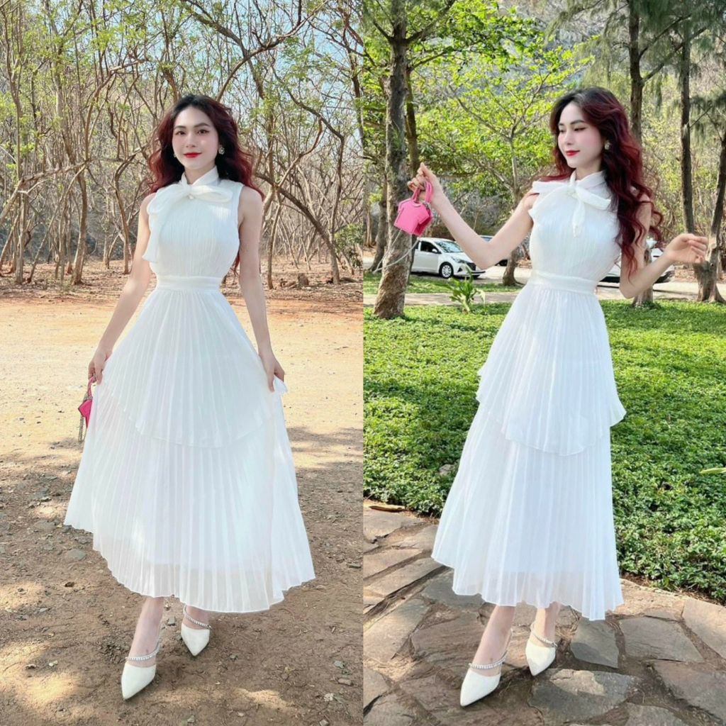 Đầm maxi công chúa 2 lớp xếp ly cổ tròn đính nơ thời trang, đáng yêu phù hợp diện tiệc [940]