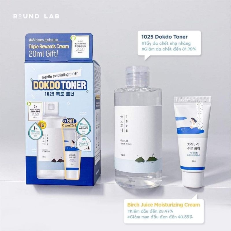 Set Dokdo 1025 Toner 200ml kèm kem dưỡng 20ml Roundlab