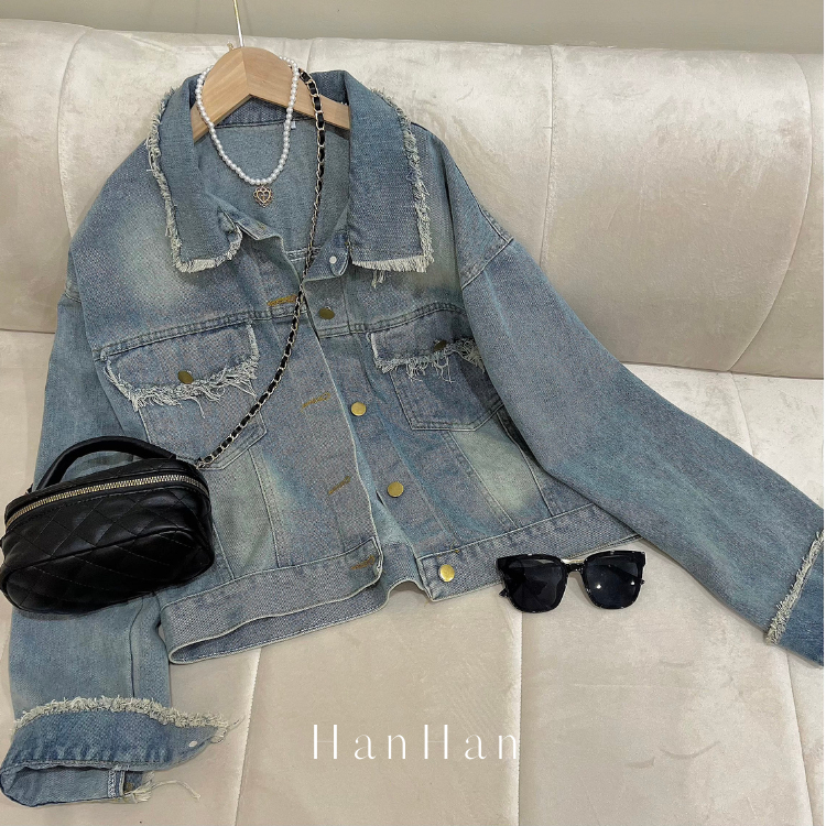 Áo khoác nữ bò denim dày dặn dáng ngắn phong cách trẻ trung