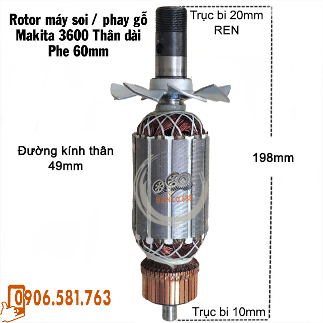 Rotor máy soi - phay gỗ Makita 3600H Thân 49mm Dài 198mm Sắt từ 53mm dây đồng 220V - Tặng chổi than