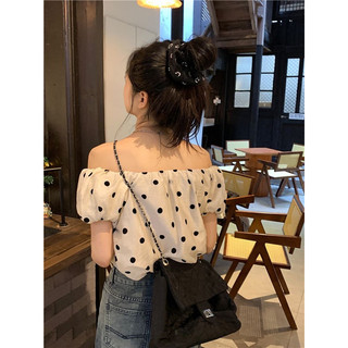 Áo trễ vai croprop chấm bi tiểu thư