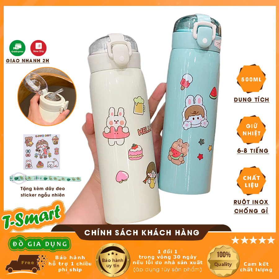 (Tặng Dây Đeo & Sticker) - Bình Đựng Nước Giữ Nhiệt 500ML Inox 304 Cao Cấp, Phong Cách Hàn Quốc Cute Có Ống Hút Tiện Lợi