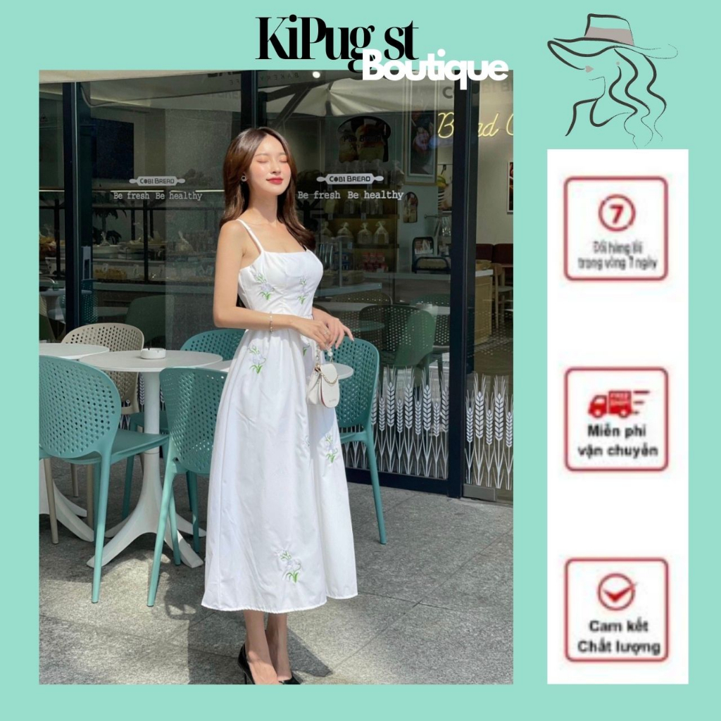 Váy Maxi Đi Biển, Váy Đầm Hoa Thêu Nổi 2 Dây Chân Váy Xòe Dáng Dài 2 Lớp Hàng Thiết Kế Đi Chơi, Đi Tiệc