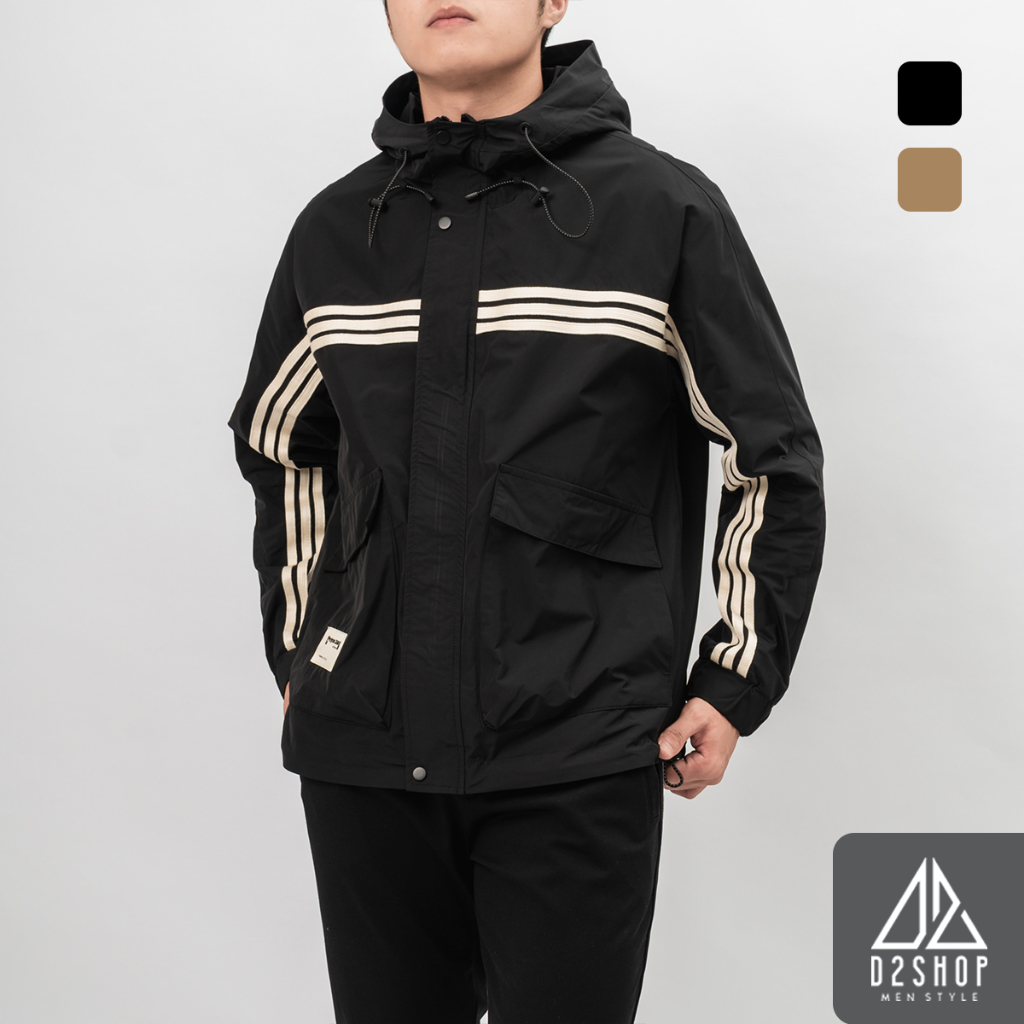 Áo khoác nam D2shop, áo khoác gió nón trùm phối 3 sọc tay ngực, vải dù, màu đen, bò [K-1219]