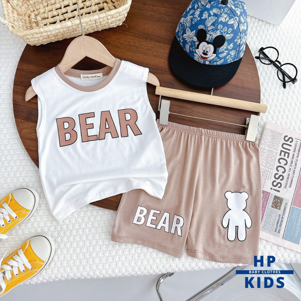 Bộ sát nách thun lạnh Minky Mom  in hình chữ BEAR và Gấu siêu đáng yêu cho bé