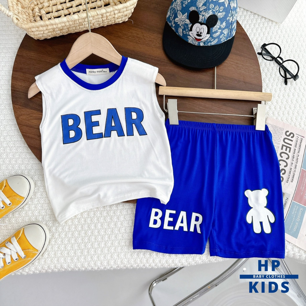 Bộ sát nách thun lạnh Minky Mom  in hình chữ BEAR và Gấu siêu đáng yêu cho bé