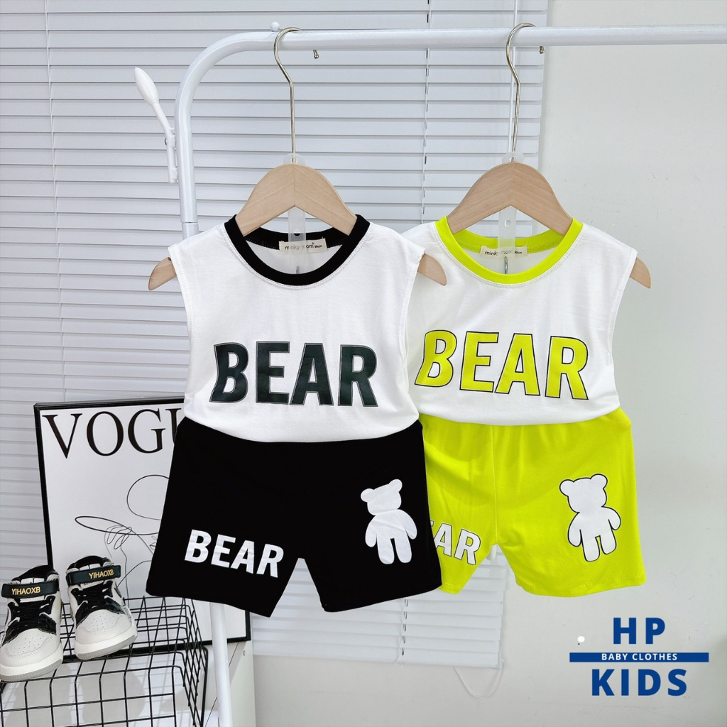 Bộ sát nách thun lạnh Minky Mom  in hình chữ BEAR và Gấu siêu đáng yêu cho bé