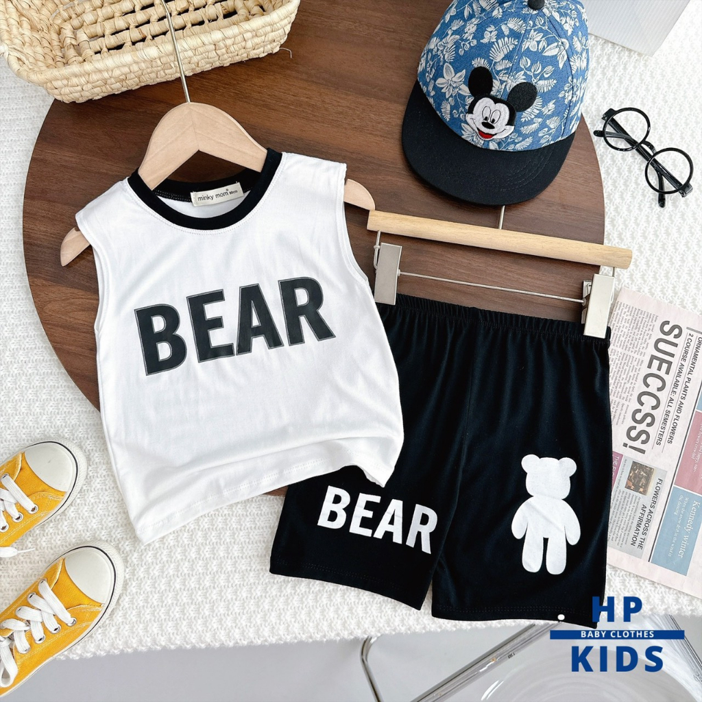 Bộ sát nách thun lạnh Minky Mom  in hình chữ BEAR và Gấu siêu đáng yêu cho bé