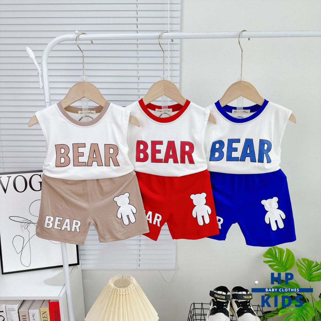 Bộ sát nách thun lạnh Minky Mom  in hình chữ BEAR và Gấu siêu đáng yêu cho bé