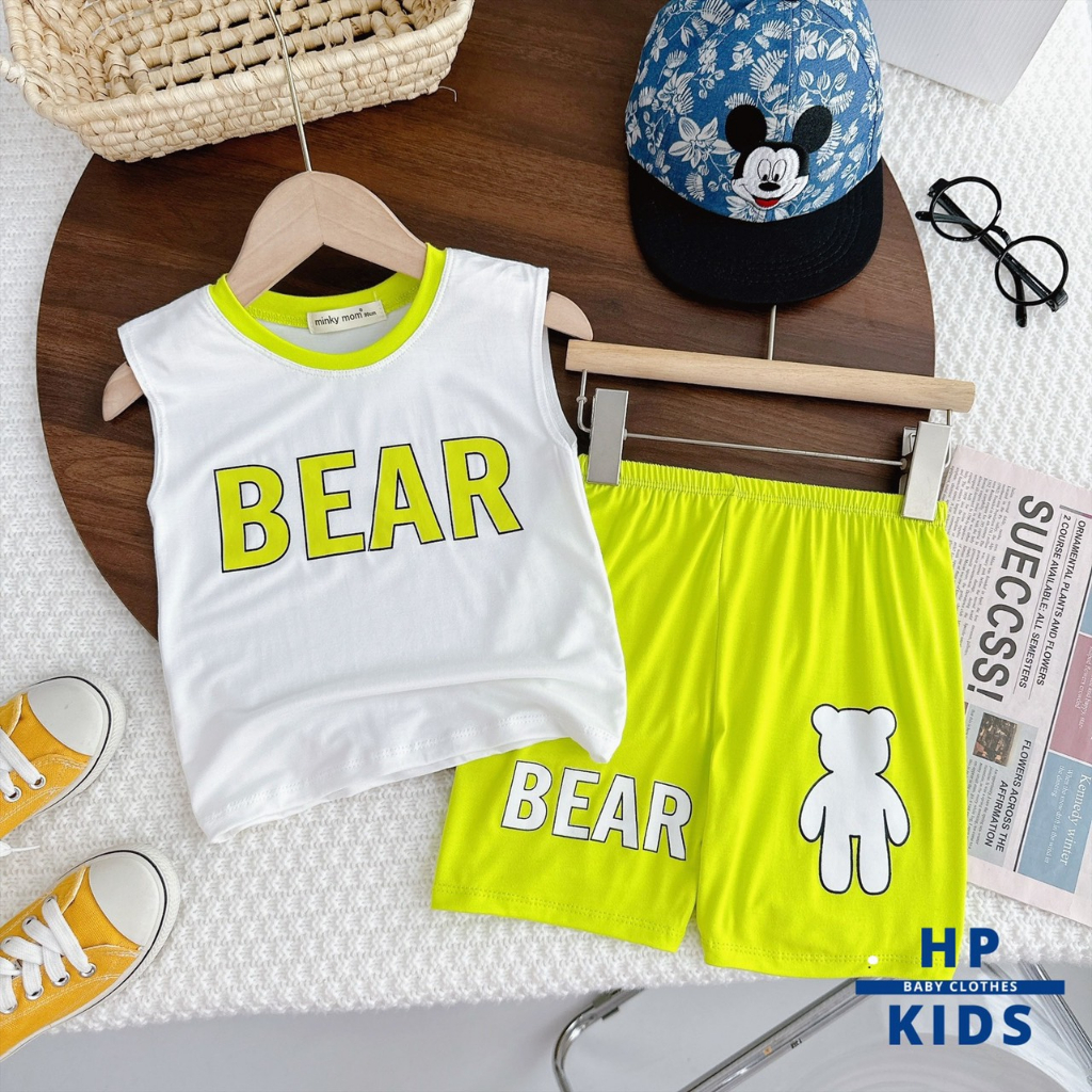 Bộ sát nách thun lạnh Minky Mom  in hình chữ BEAR và Gấu siêu đáng yêu cho bé