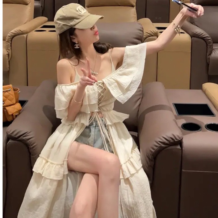 Áo Nude Trễ Vai Dáng Dài Xẻ Tà
