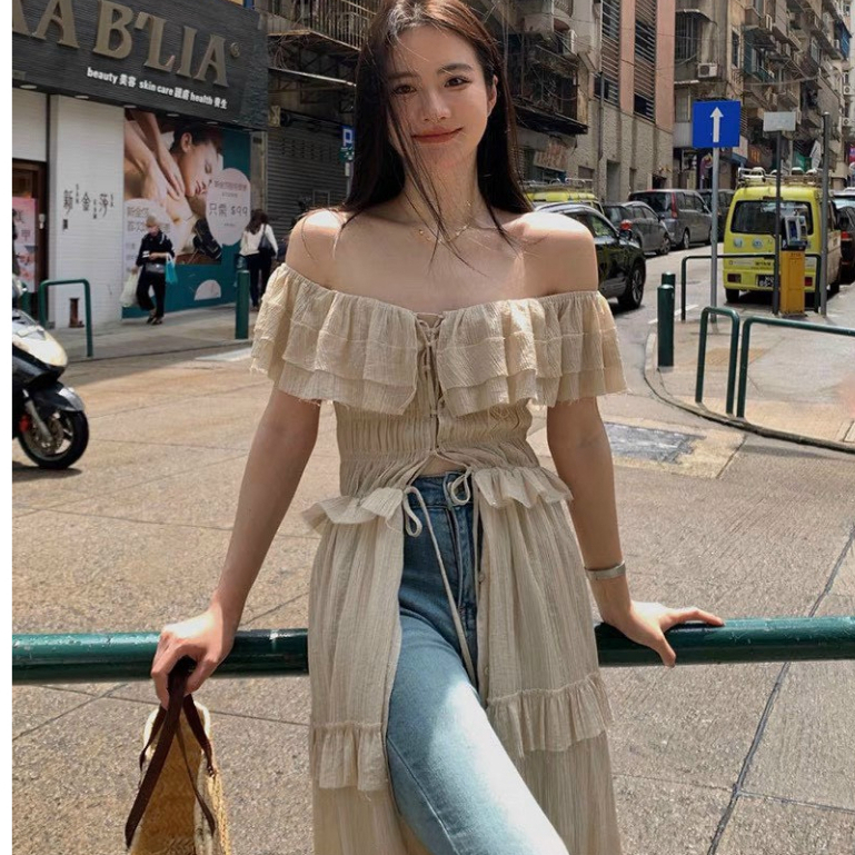 Áo Nude Trễ Vai Dáng Dài Xẻ Tà