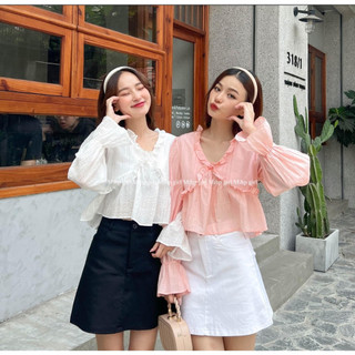 Áo Croptop babydoll tay dài cổ tim viền xinh DoMh