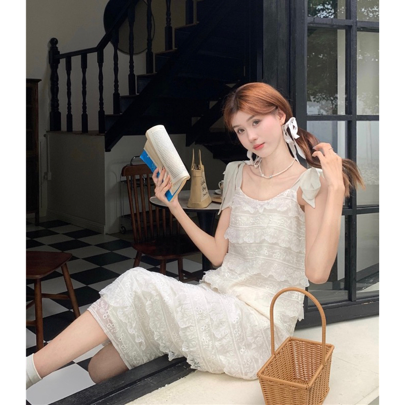 VIDEO ẢNH THẬT🖤Đầm suông maxi ren 2 dây dáng dài ulzzang xinh xắn,Váy tiểu thư xếp ly nhiều tầng bánh bèo đi biển
