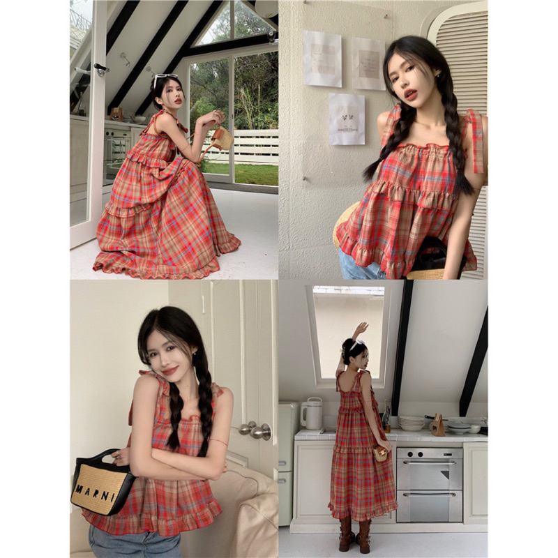 Áo/Váy 2 dây sọc caro đỏ vintage viền bèo buộc nơ vai bánh bèo tiểu thư