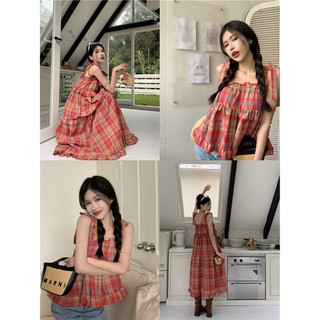 Áo/Váy 2 dây sọc caro đỏ vintage viền bèo buộc nơ vai bánh bèo tiểu thư