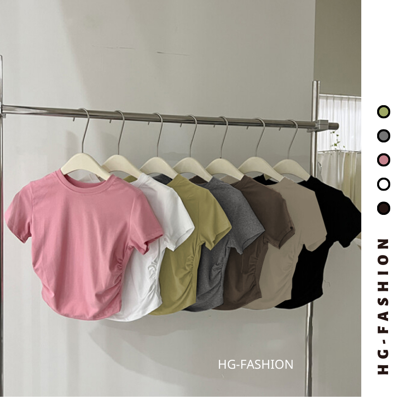 Áo thun ngắn tay nữ cotton cổ tròn, nhún eo ôm body, áo phông nữ nhún eo phong cách Hàn Quốc gợi cảm nhiều màu A48
