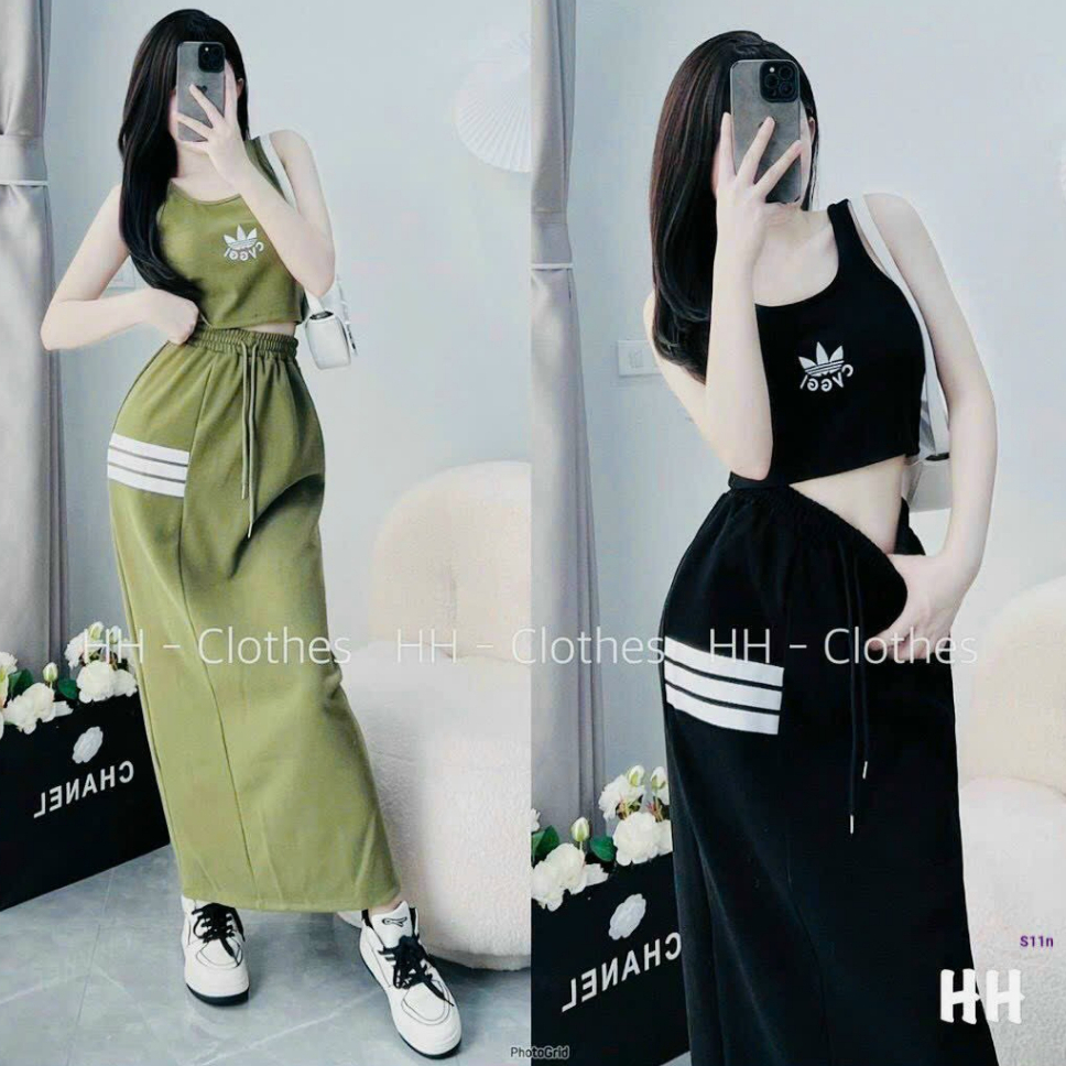 Set đầm váy nữ áo croptop hai dây mix chân váy suông dài trẻ trung, năng động dành cho các nàng đi chơi, dạo phố xinh.