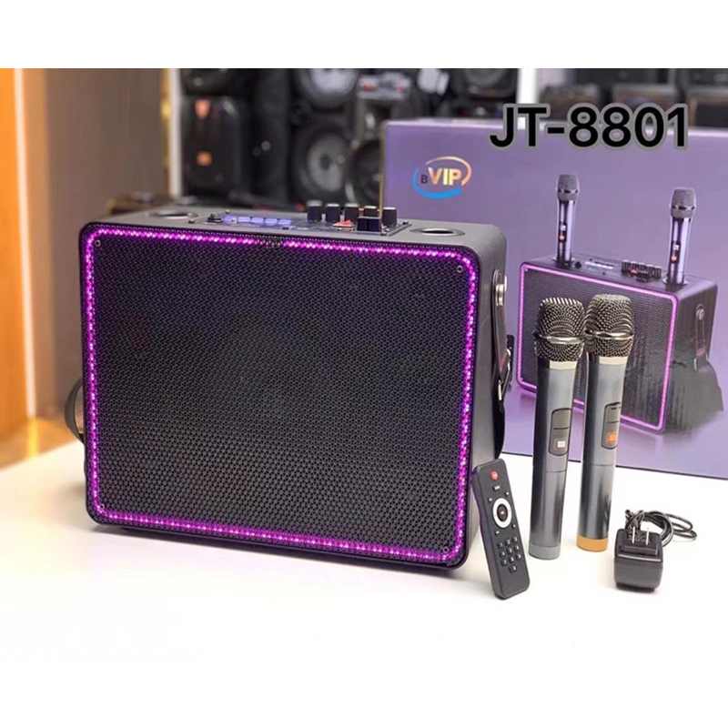 Loa Bluetooth VIP JT-8801 hiệu ứng đèn LED kèm 2 micro karaoke không dây