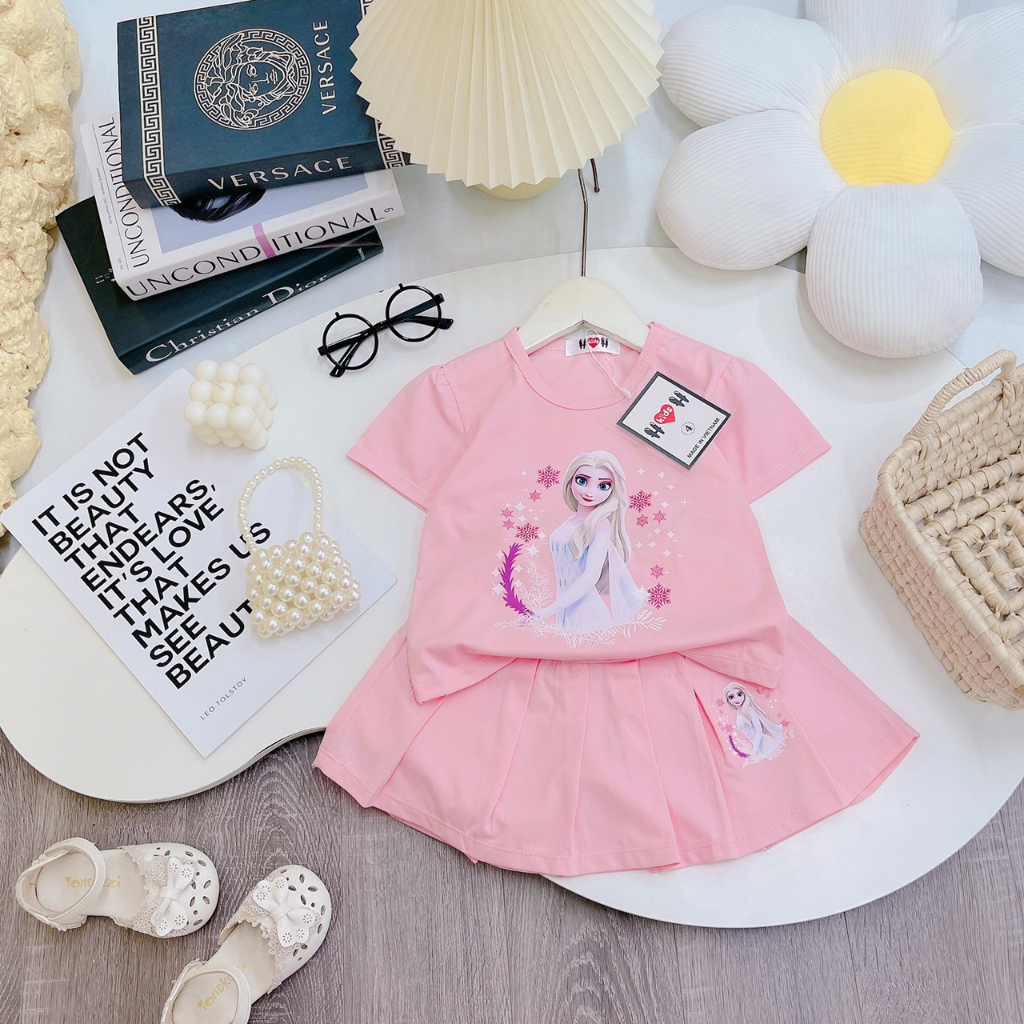 Set váy bé gái cộc tay size 10 - 20kg, chất cotton mềm mát, in hình Elsa dễ thương
