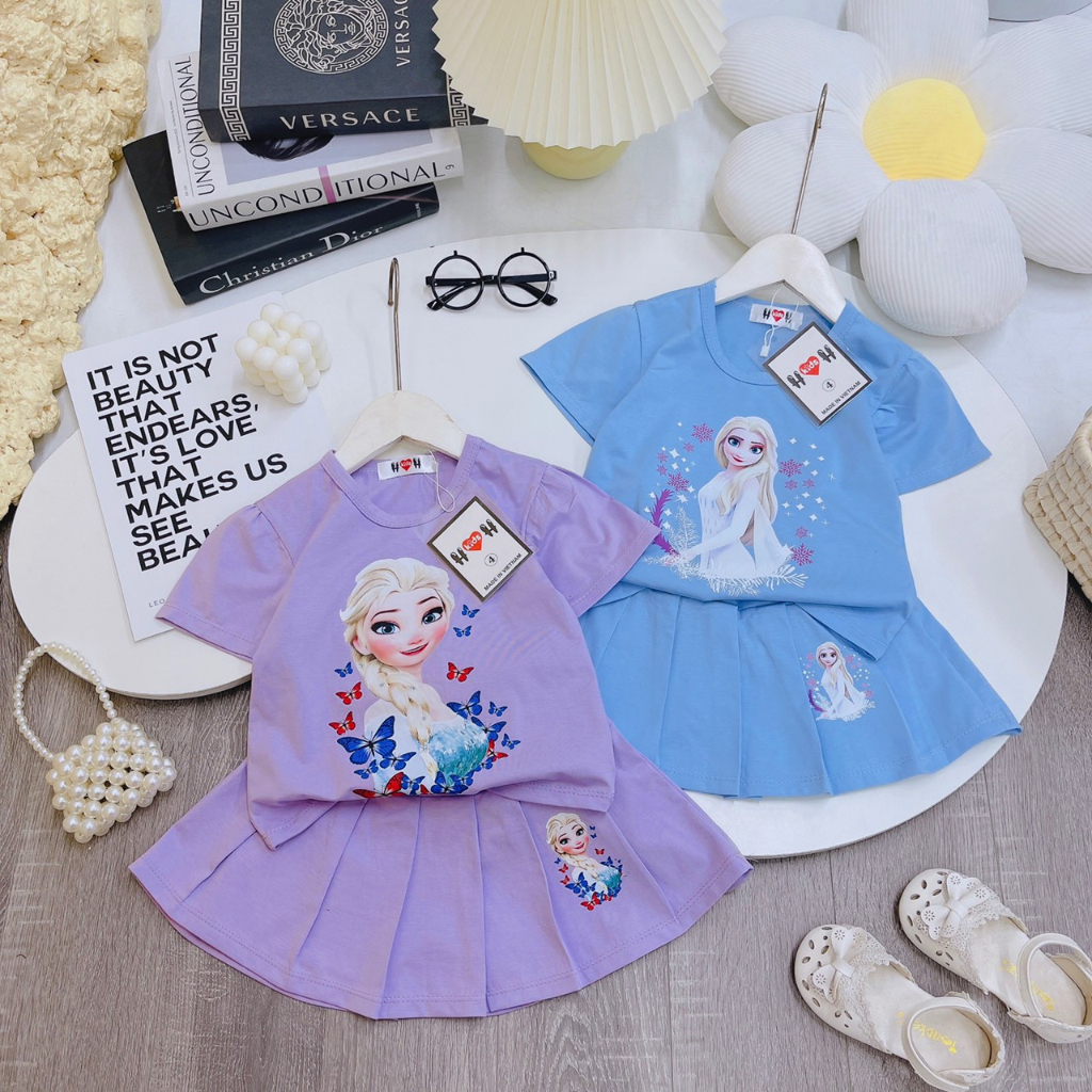 Set váy bé gái cộc tay size 10 - 20kg, chất cotton mềm mát, in hình Elsa dễ thương