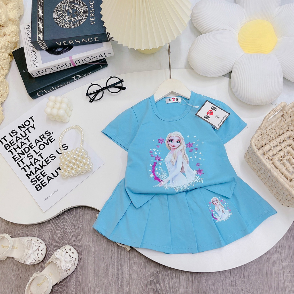 Set váy bé gái cộc tay size 10 - 20kg, chất cotton mềm mát, in hình Elsa dễ thương